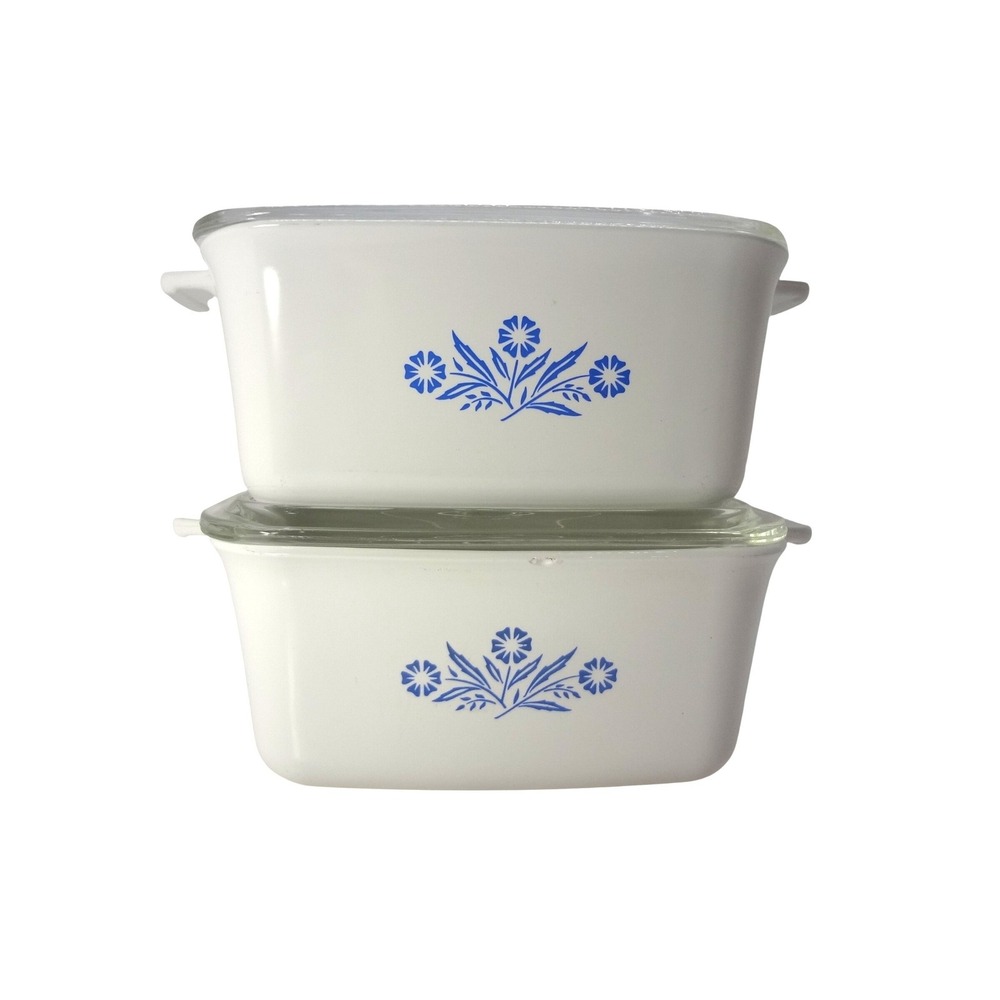 Corning Ware Casserole Dish Set of Two 1.5 QT White Blue Cornflower P-4-B Floral
